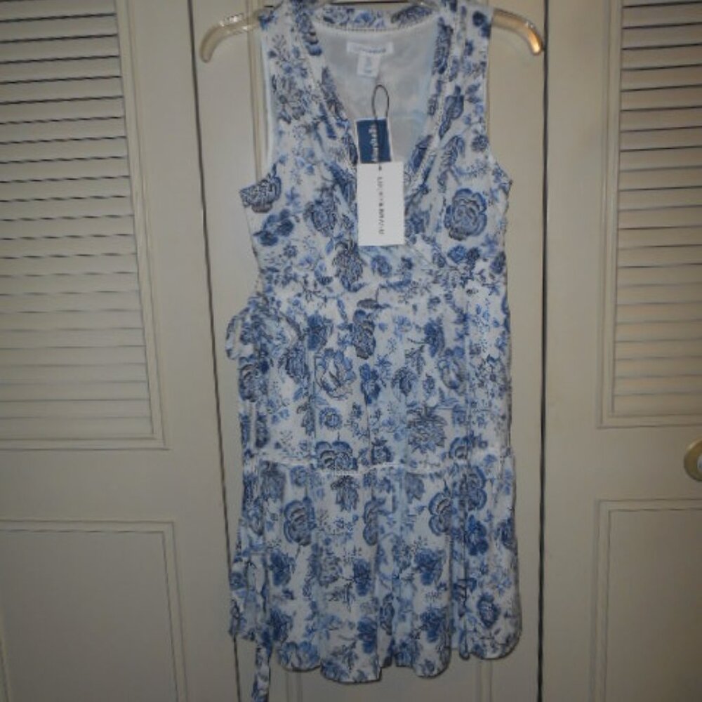 NWT "LUCKY BRAND" Midi XS Blue/White Gorgeous Floral Sundress V-Neck + Waist Tie